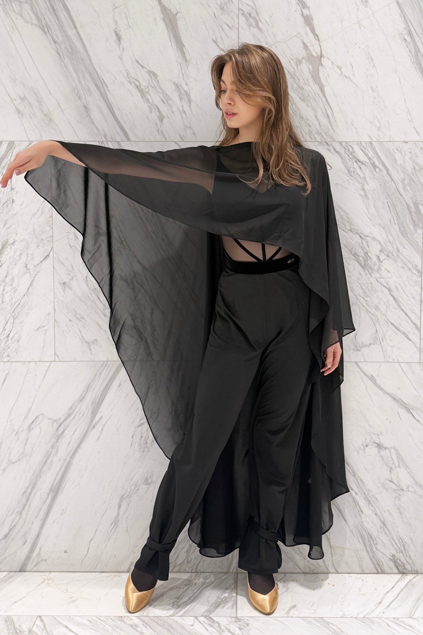 Long black chiffon cape