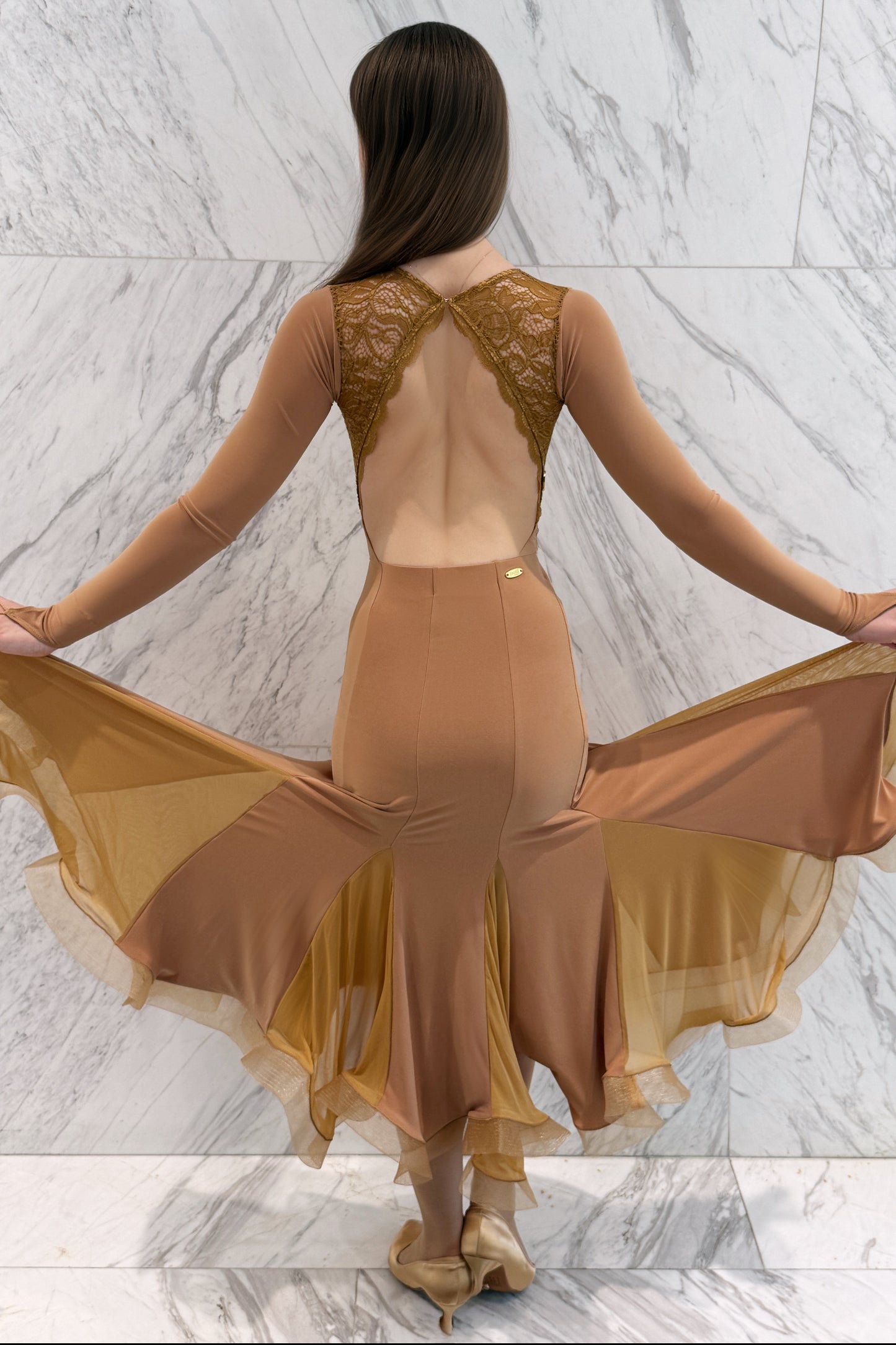 Backless camel color leotard