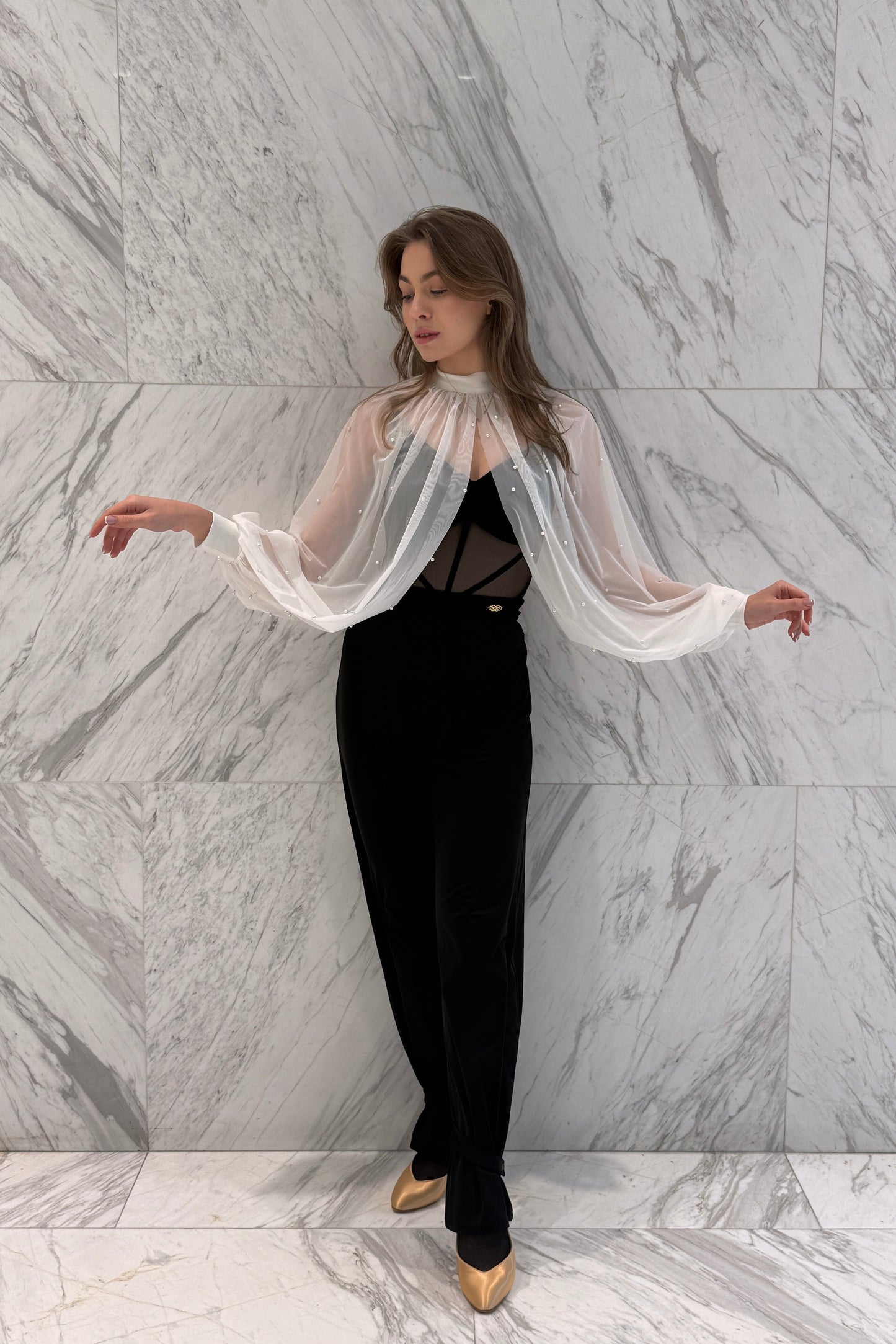 White cape with pearls