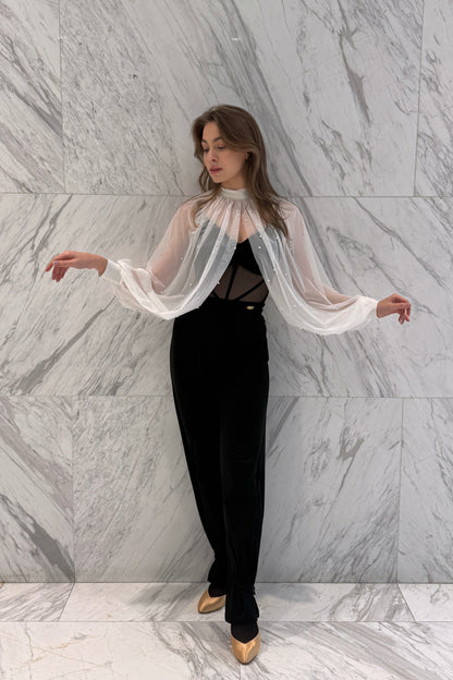 White cape with pearls