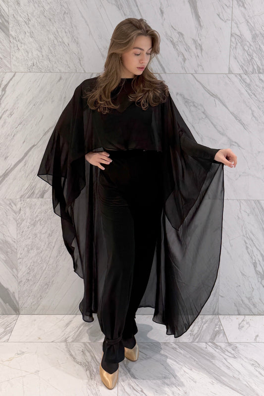 Long black chiffon cape
