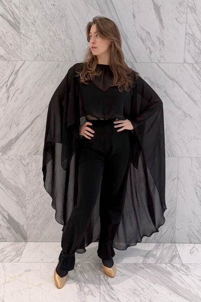Long black chiffon cape