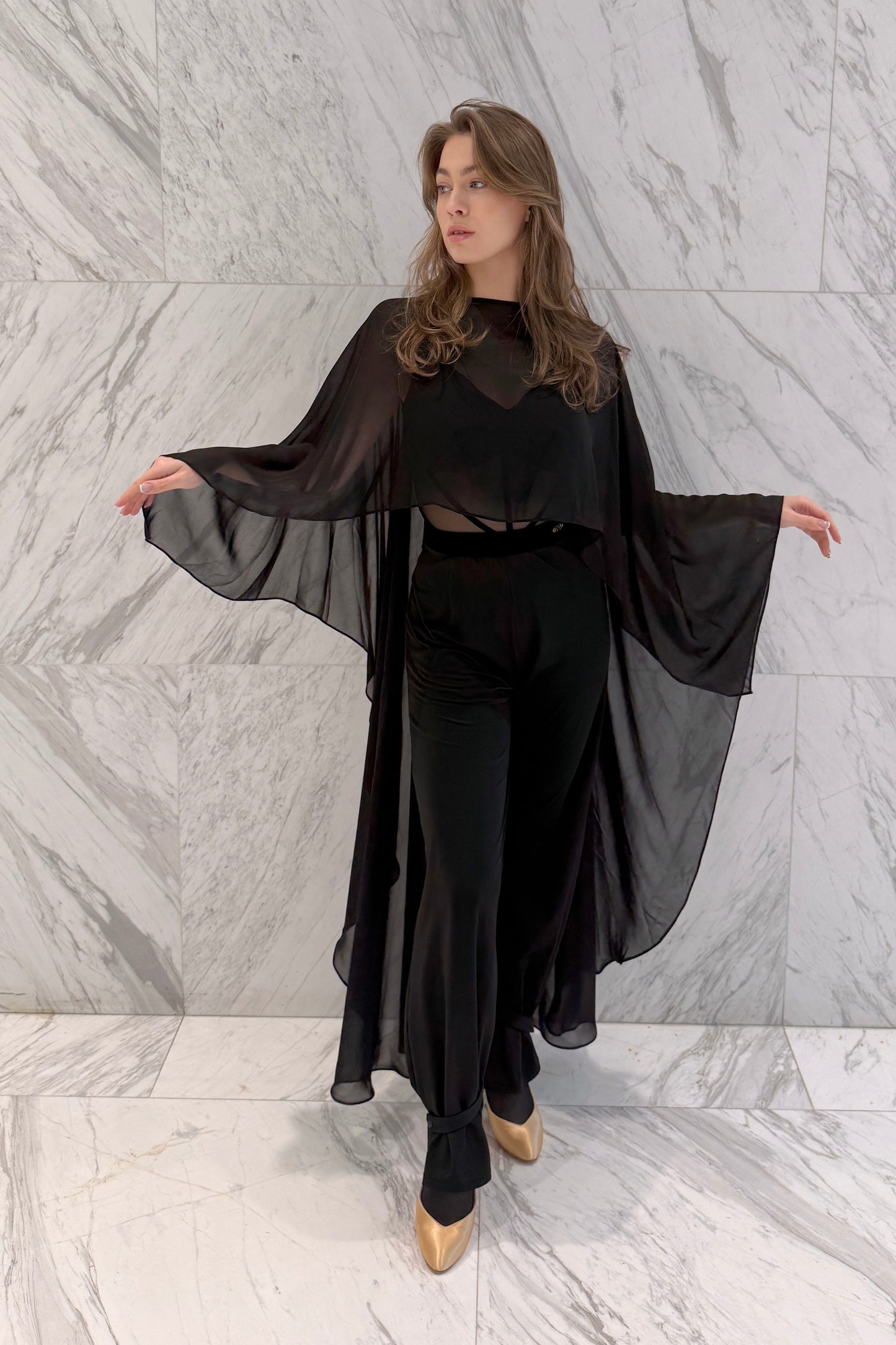 Long black chiffon cape
