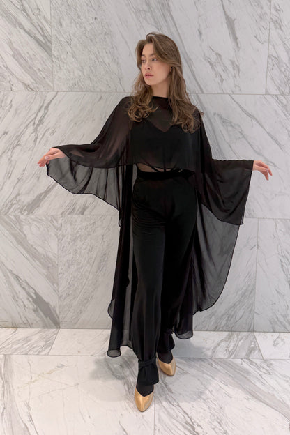 Long black chiffon cape