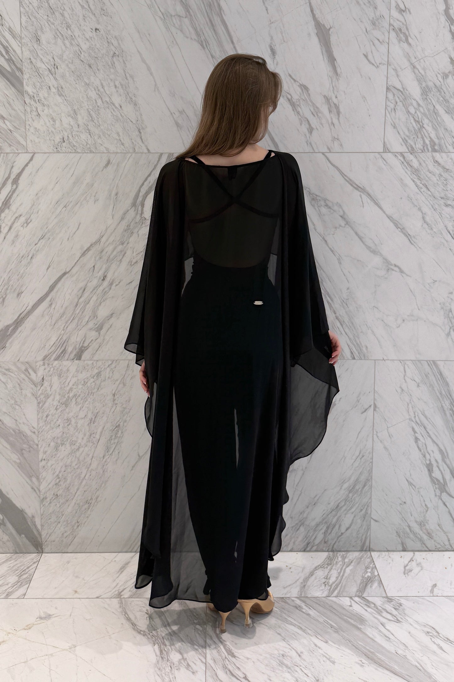 Long black chiffon cape