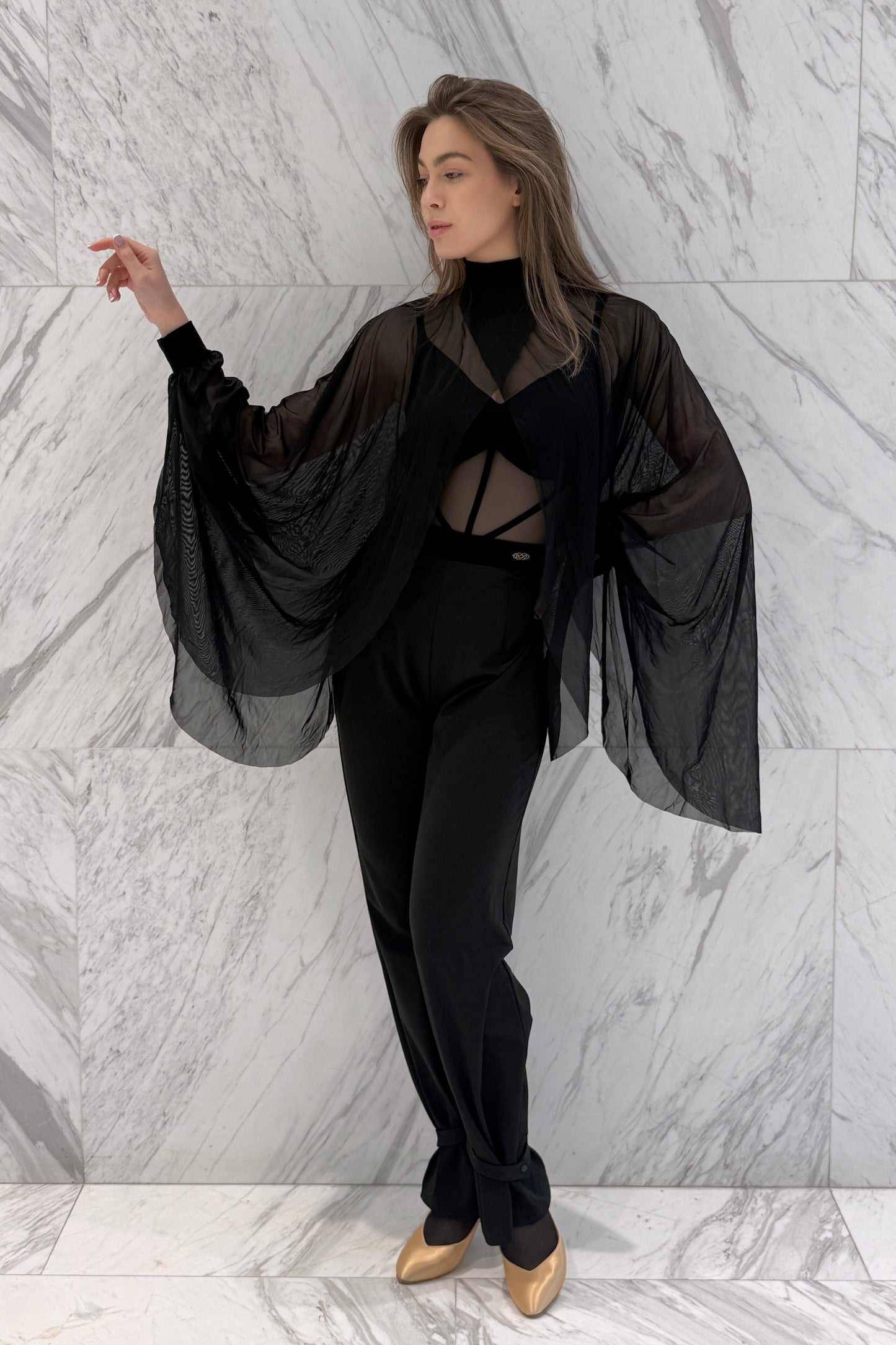 Black stretch mesh cape-bolero