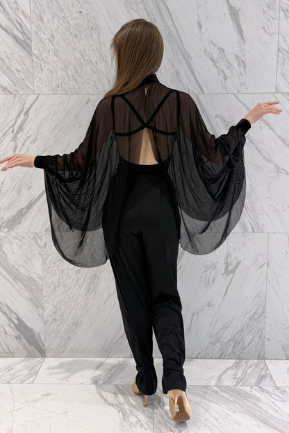 Black stretch mesh cape-bolero