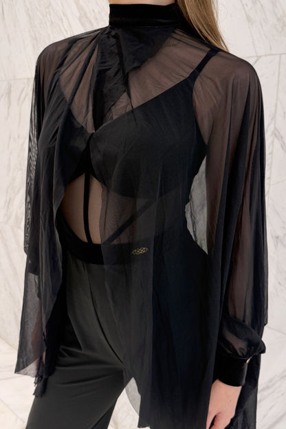 Black stretch mesh cape-bolero