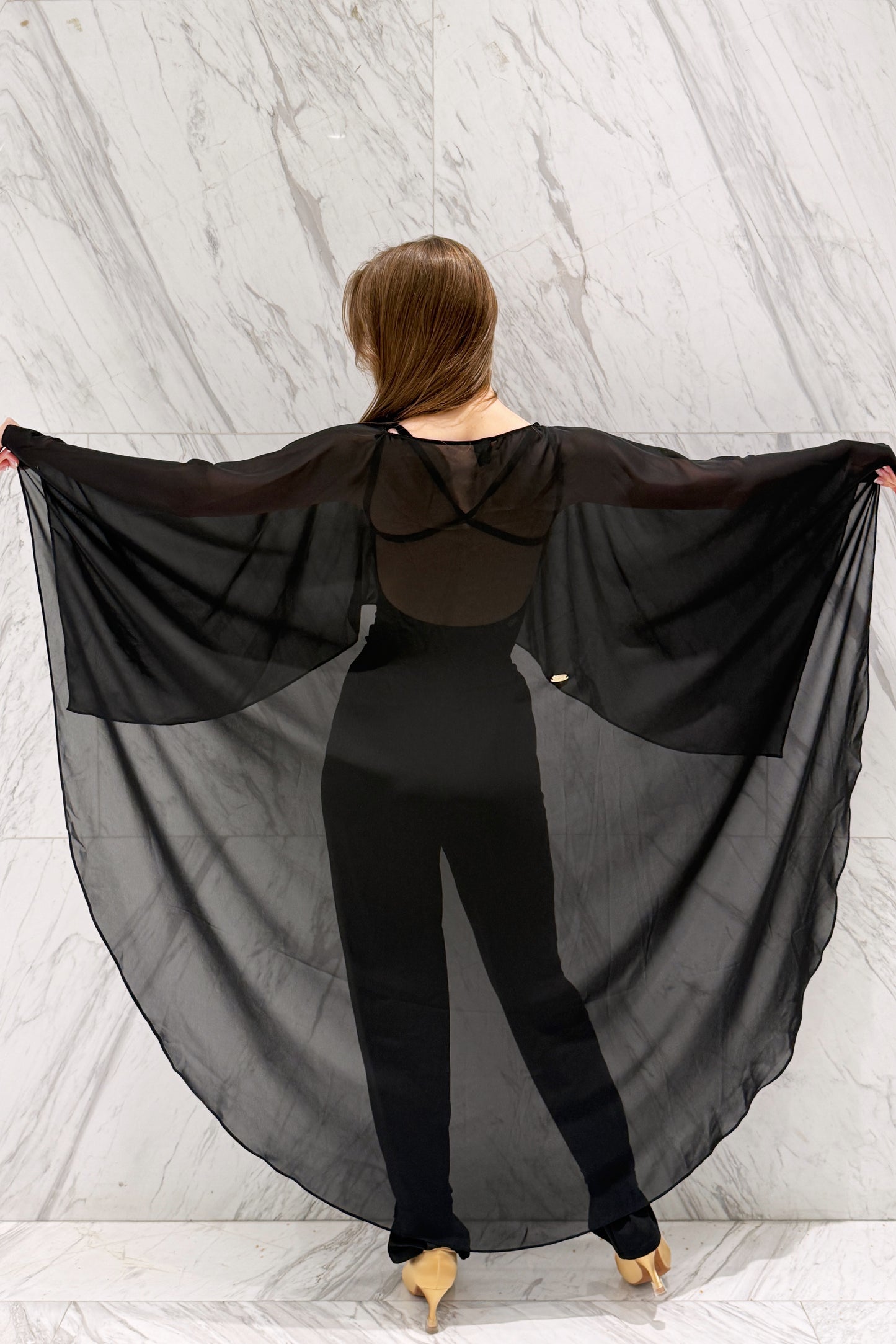 Long black chiffon cape