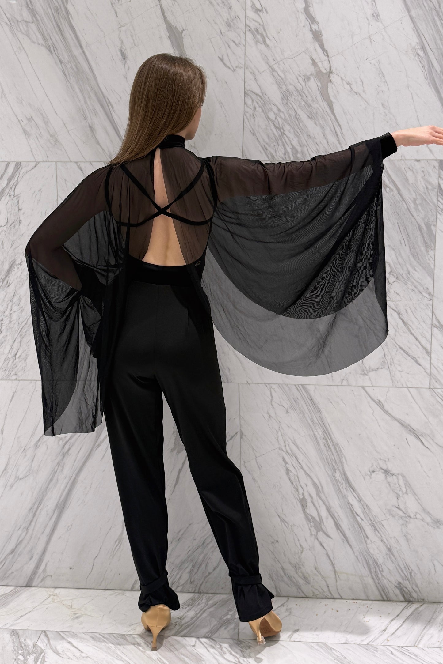 Black stretch mesh cape-bolero