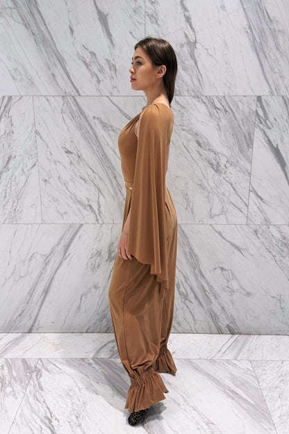One shoulder caramel-coloured leotard