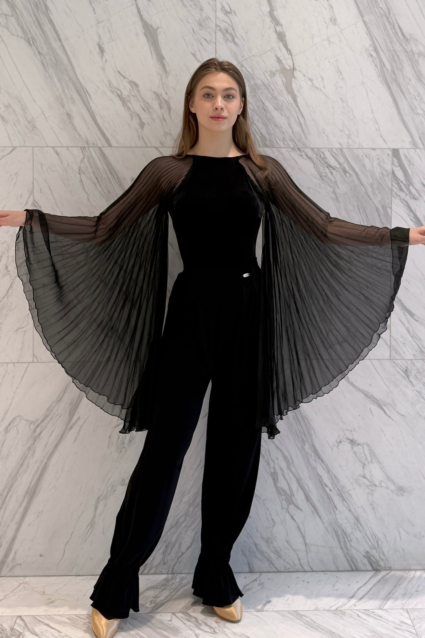 Black velvet leotard with corrugated wings
