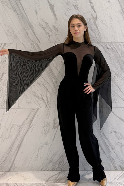 Black velvet leotard with net wings