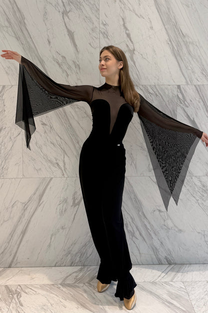 Black velvet leotard with net wings
