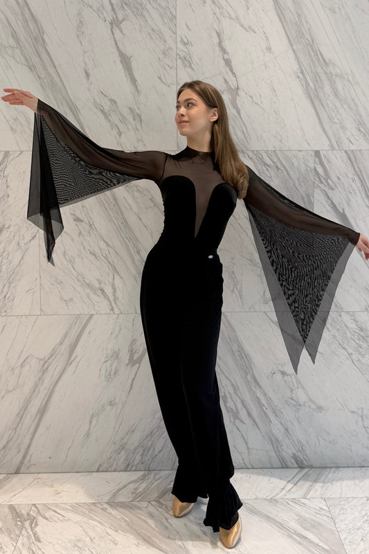 Black velvet leotard with net wings