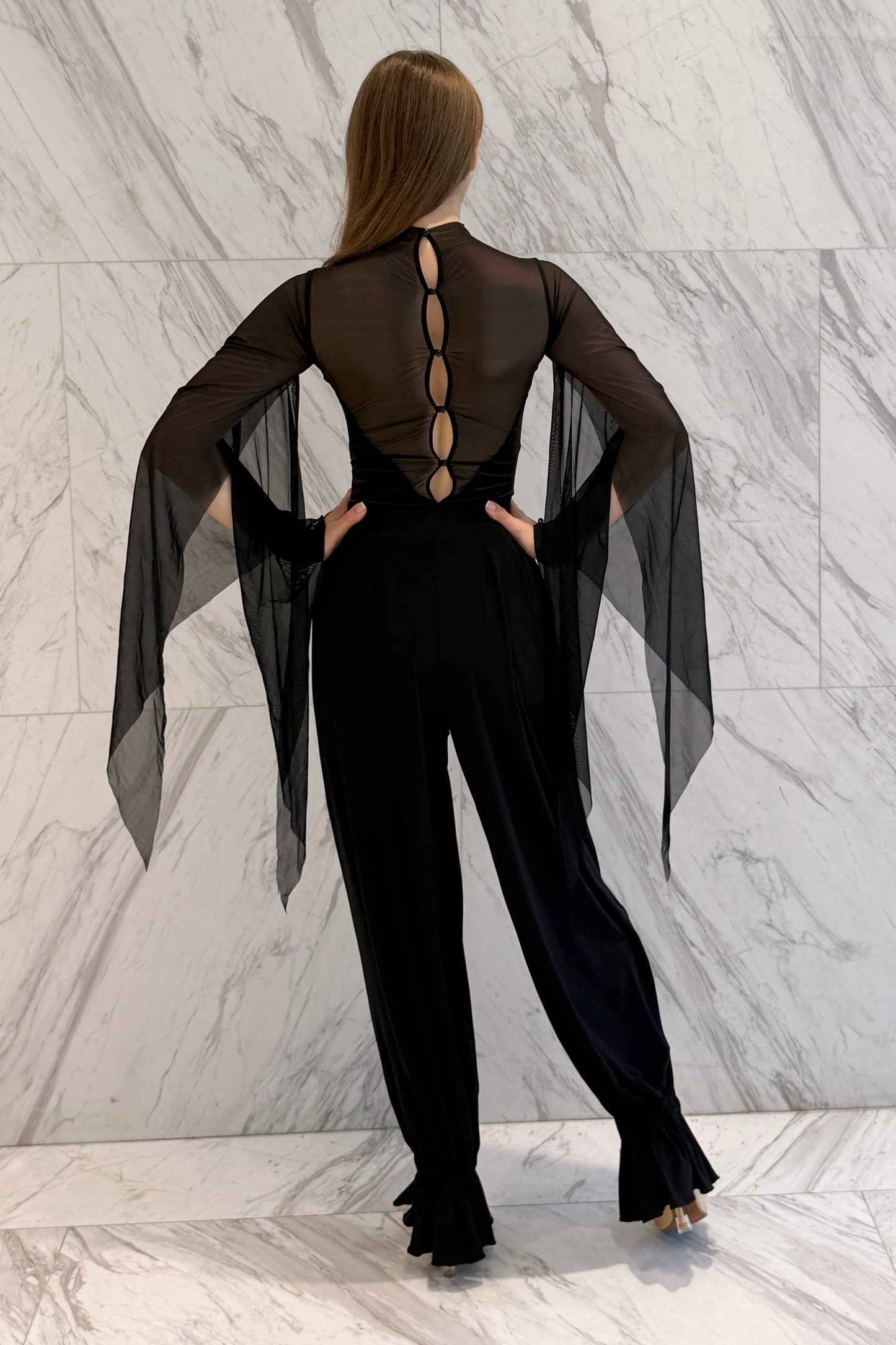 Black velvet leotard with net wings