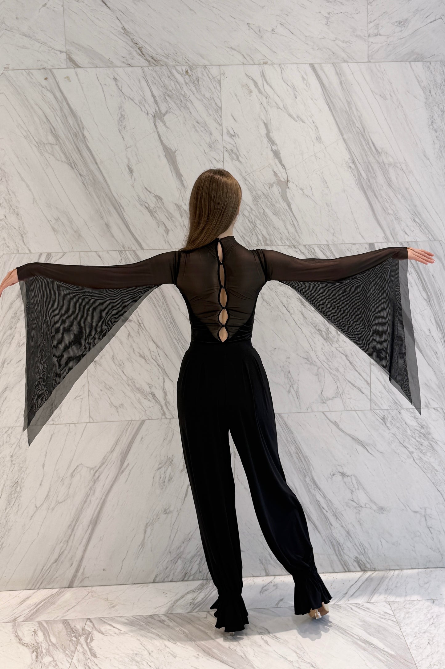 Black velvet leotard with net wings