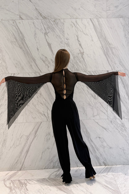 Black velvet leotard with net wings