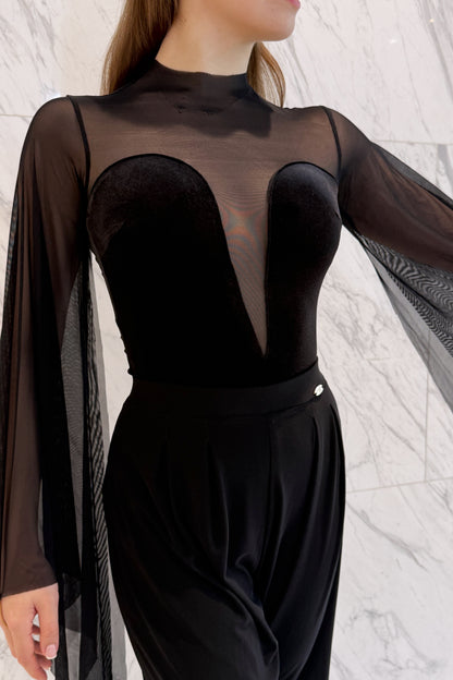 Black velvet leotard with net wings