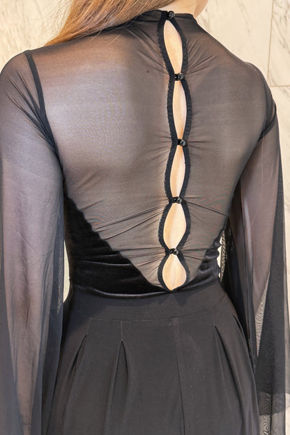 Black velvet leotard with net wings