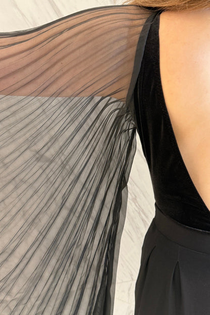 Black velvet leotard with corrugated wings