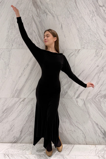 Black biflex ballroom dress with voluminous sleeves and an asymmetrical skirt