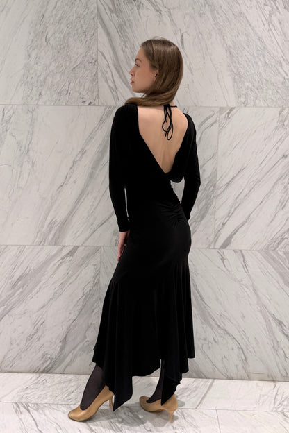 Black biflex ballroom dress with voluminous sleeves and an asymmetrical skirt