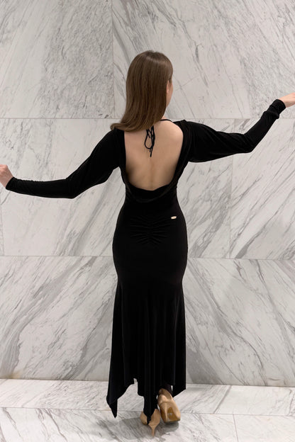Black biflex ballroom dress with voluminous sleeves and an asymmetrical skirt